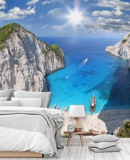 valkoinen ja sininen Kreikan ranta taustakuvamaalaus nimeltä Navagio Beach, Zakynthos kotitoimistoihin, makuuhuoneisiin ja keittiöihin