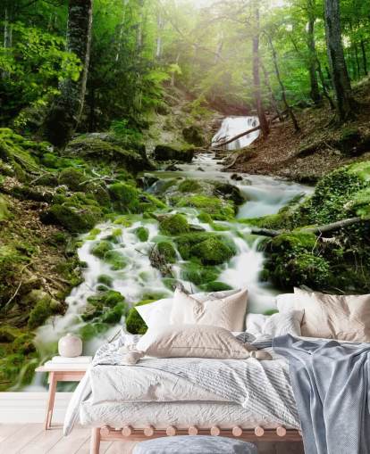 mural de papel pintado de cascada verde llamado Foggy Forest Waterfall para oficinas y baños