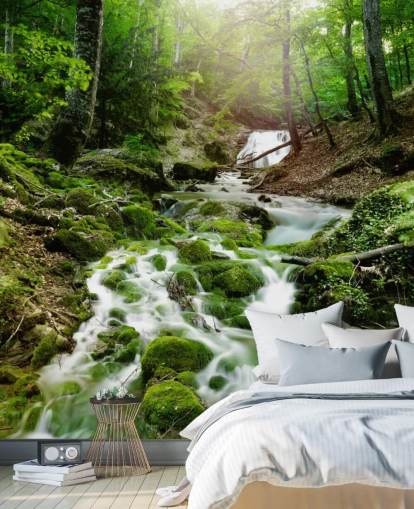 green waterfall wallpaper mural called Foggy Forest Waterfall for offices and bathrooms green waterfall wallpaper mural called Foggy Forest Waterfall for offices and bathrooms