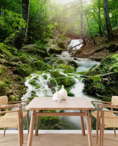 mural de papel pintado de cascada verde llamado Foggy Forest Waterfall para oficinas y baños