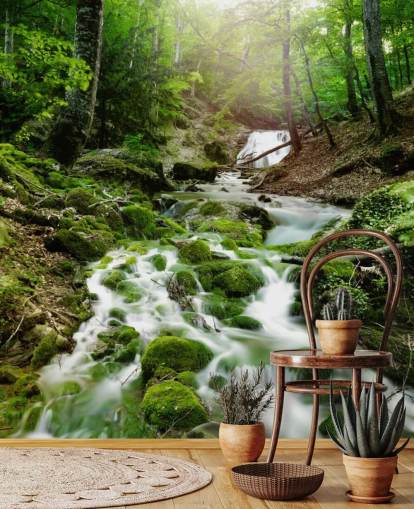green waterfall wallpaper mural called Foggy Forest Waterfall for offices and bathrooms green waterfall wallpaper mural called Foggy Forest Waterfall for offices and bathrooms