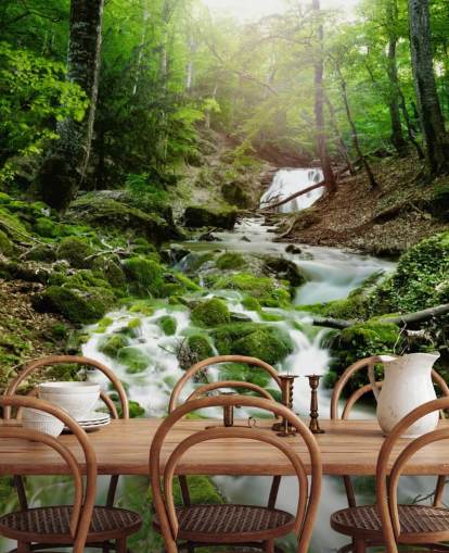 green waterfall wallpaper mural called Foggy Forest Waterfall for offices and bathrooms