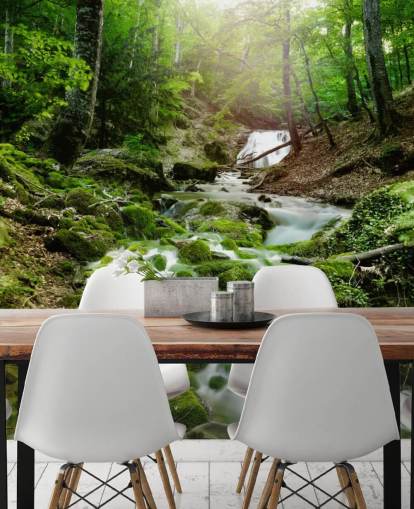 mural de papel pintado de cascada verde llamado Foggy Forest Waterfall para oficinas y baños