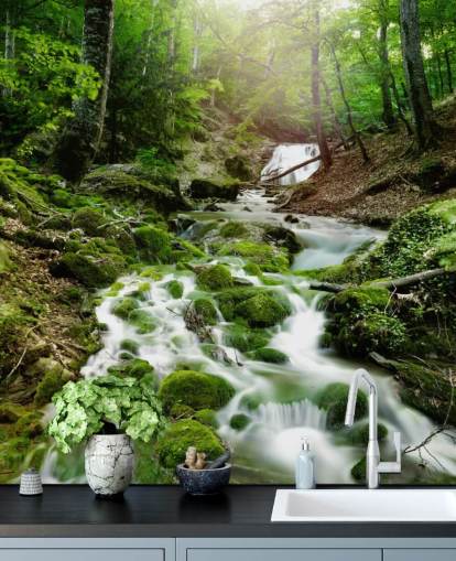 mural de papel pintado de cascada verde llamado Foggy Forest Waterfall para oficinas y baños