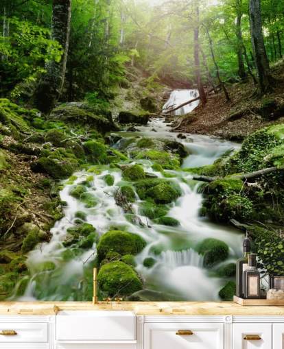 green waterfall wallpaper mural called Foggy Forest Waterfall for offices and bathrooms