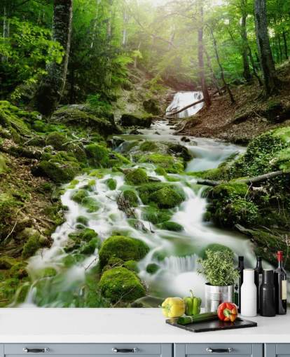green waterfall wallpaper mural called Foggy Forest Waterfall for offices and bathrooms