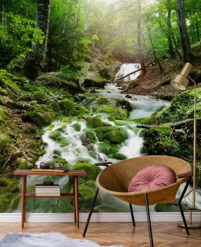green waterfall wallpaper mural called Foggy Forest Waterfall for offices and bathrooms