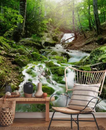 mural de papel pintado de cascada verde llamado Foggy Forest Waterfall para oficinas y baños
