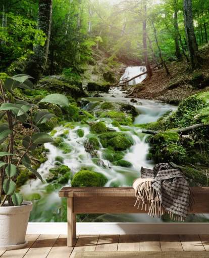 green waterfall wallpaper mural called Foggy Forest Waterfall for offices and bathrooms