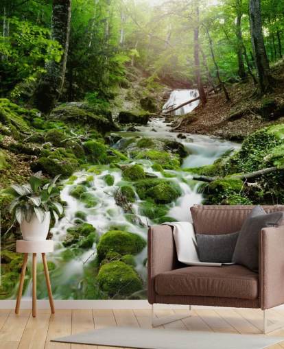 mural de papel pintado de cascada verde llamado Foggy Forest Waterfall para oficinas y baños