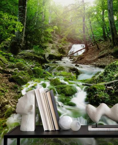 green waterfall wallpaper mural called Foggy Forest Waterfall for offices and bathrooms
