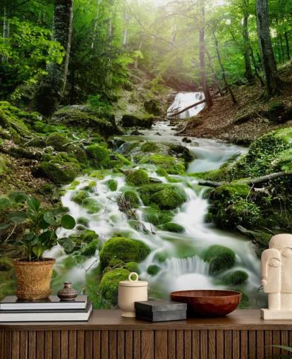 green waterfall wallpaper mural called Foggy Forest Waterfall for offices and bathrooms