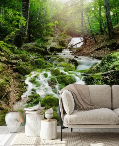 carta da parati murale con cascata verde chiamata Foggy Forest Waterfall per uffici e bagni