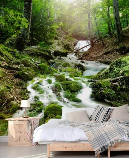 green waterfall wallpaper mural called Foggy Forest Waterfall for offices and bathrooms
