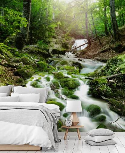 papier peint mural en cascade verte appelé Foggy Forest Waterfall pour les bureaux et les salles de bain