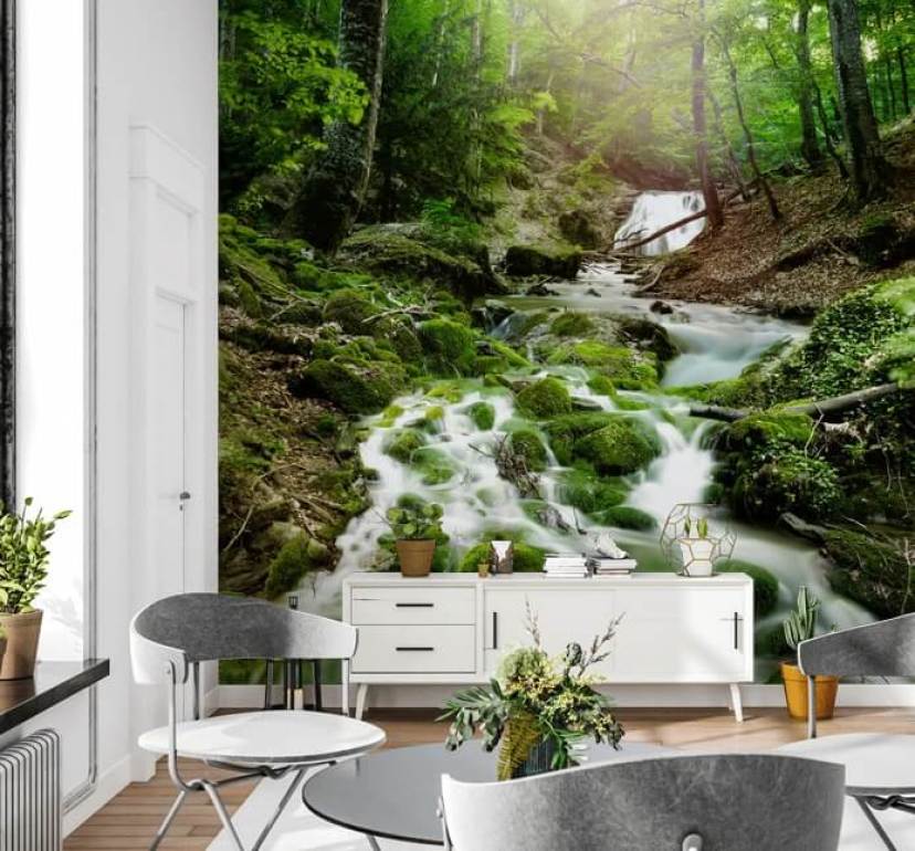 Papier Peint Mural Autocollant 3D - Motif 'Forêt Et Cascade' - Design Moderne Pour Bureau Ou Salon