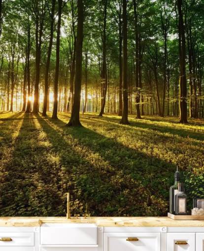 mural de papel pintado de árbol personalizable verde llamado Rays of Light para oficina