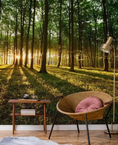 mural de papel pintado de árbol personalizable verde llamado Rays of Light para oficina