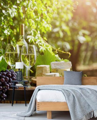 Two Glasses of Wine and Cheese on a Barrel Wallpaper