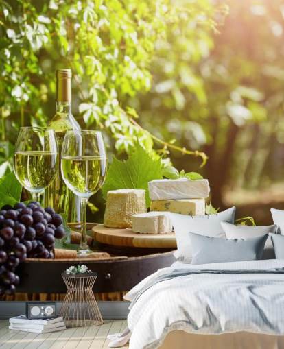 Two Glasses of Wine and Cheese on a Barrel Wallpaper