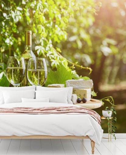 Two Glasses of Wine and Cheese on a Barrel Wallpaper