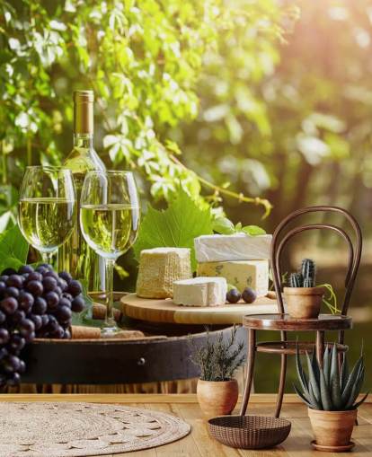 Two Glasses of Wine and Cheese on a Barrel Wallpaper