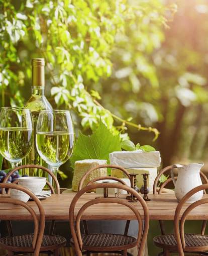 Two Glasses of Wine and Cheese on a Barrel Wallpaper