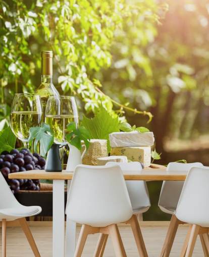 Two Glasses of Wine and Cheese on a Barrel Wallpaper