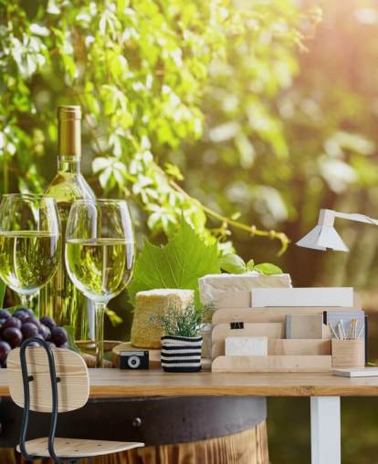 Two Glasses of Wine and Cheese on a Barrel Wallpaper