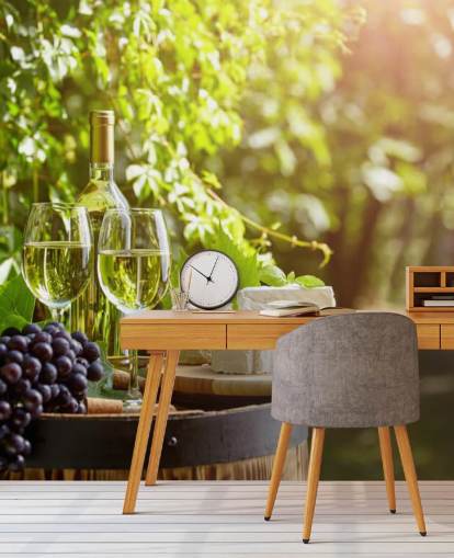 Two Glasses of Wine and Cheese on a Barrel Wallpaper