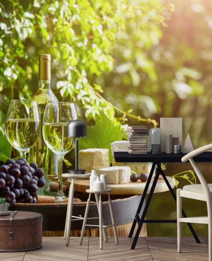 Two Glasses of Wine and Cheese on a Barrel Wallpaper