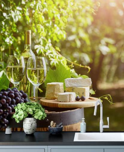 Two Glasses of Wine and Cheese on a Barrel Wallpaper