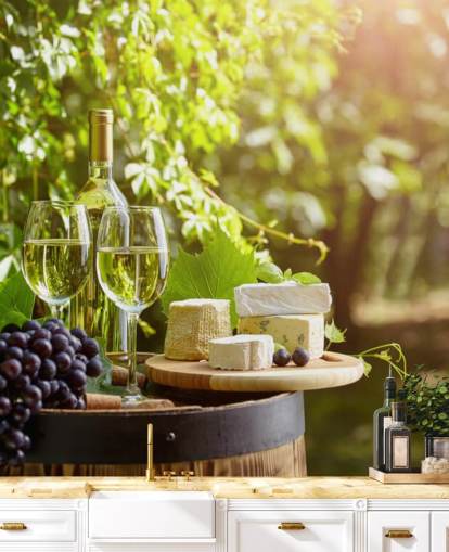 Two Glasses of Wine and Cheese on a Barrel Wallpaper