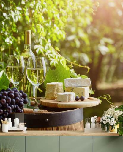 Two Glasses of Wine and Cheese on a Barrel Wallpaper