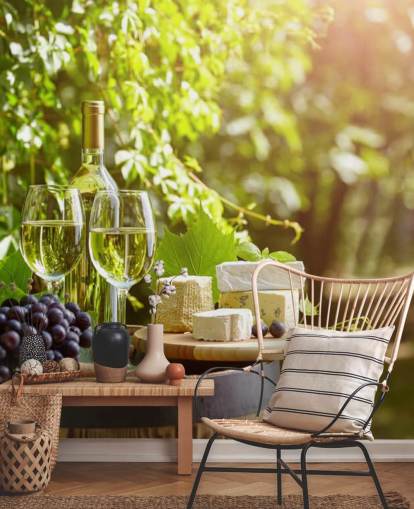 Two Glasses of Wine and Cheese on a Barrel Wallpaper