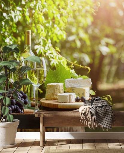 Two Glasses of Wine and Cheese on a Barrel Wallpaper