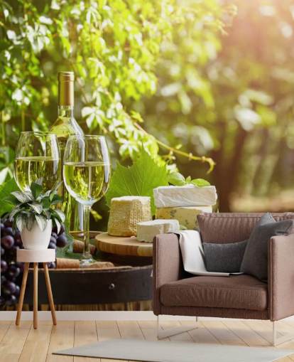 Two Glasses of Wine and Cheese on a Barrel Wallpaper