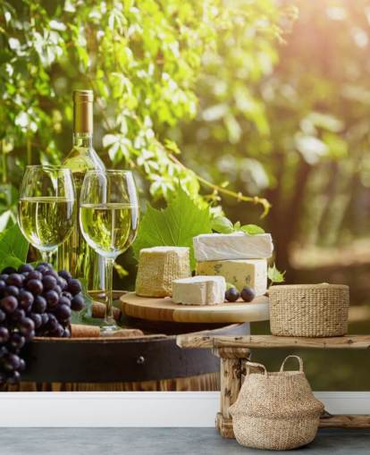 Two Glasses of Wine and Cheese on a Barrel Wallpaper