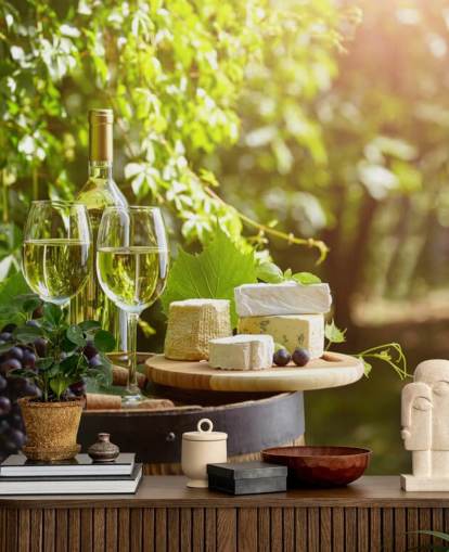 Two Glasses of Wine and Cheese on a Barrel Wallpaper