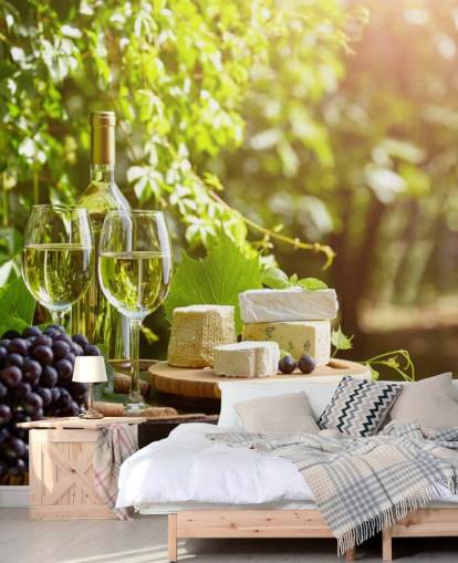 Two Glasses of Wine and Cheese on a Barrel Wallpaper