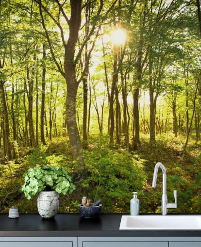 grønt og brunt tilpassbart skogstapetveggmaleri kalt Enchanted Woodland for hjem eller kontor