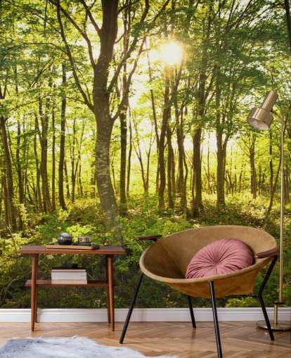 grønt og brunt tilpassbart skogstapetveggmaleri kalt Enchanted Woodland for hjem eller kontor