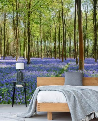 green and blue customisable woodland wallpaper mural called Bluebells in Wepham Woods for bedrooms