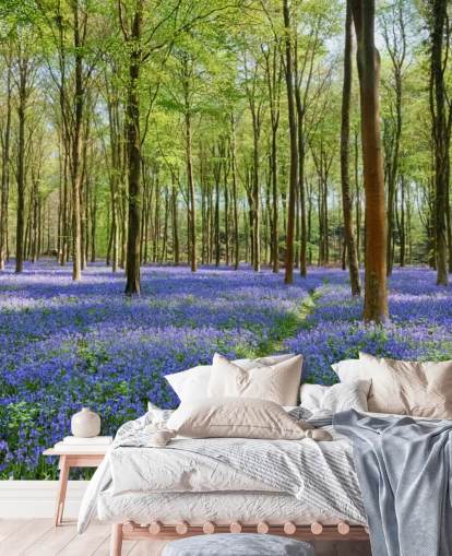 mural de papel pintado de bosque personalizable en verde y azul llamado Bluebells in Wepham Woods para dormitorios