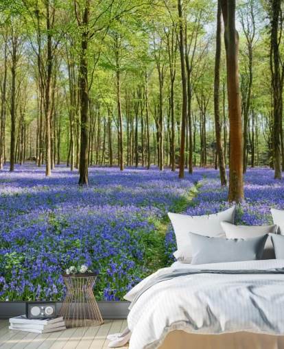 mural de papel de parede florestal personalizável verde e azul chamado Bluebells em Wepham Woods para quartos