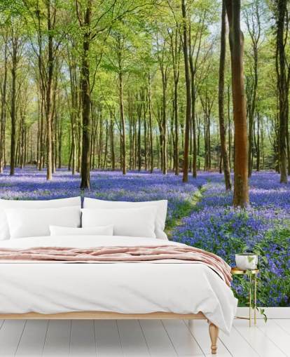 carta da parati murale personalizzabile verde e blu chiamata Bluebells in Wepham Woods per camere da letto