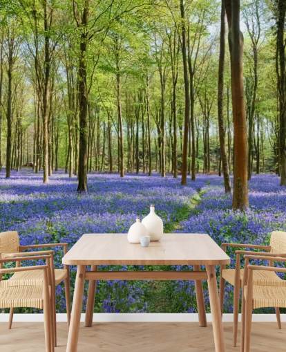 mural de papel pintado de bosque personalizable en verde y azul llamado Bluebells in Wepham Woods para dormitorios