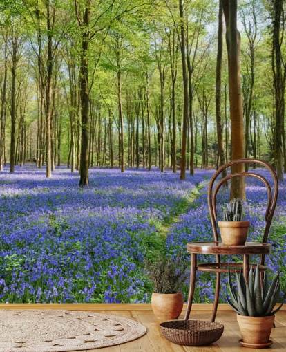 grøn og blå tilpasselig skovtapet vægmaleri kaldet Bluebells i Wepham Woods til soveværelser