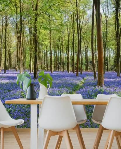 mural de papel pintado de bosque personalizable en verde y azul llamado Bluebells in Wepham Woods para dormitorios
