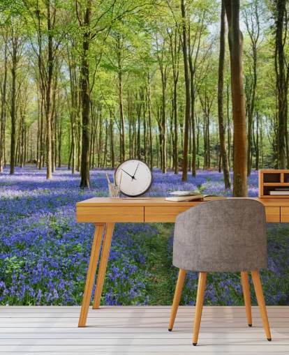 green and blue customisable woodland wallpaper mural called Bluebells in Wepham Woods for bedrooms